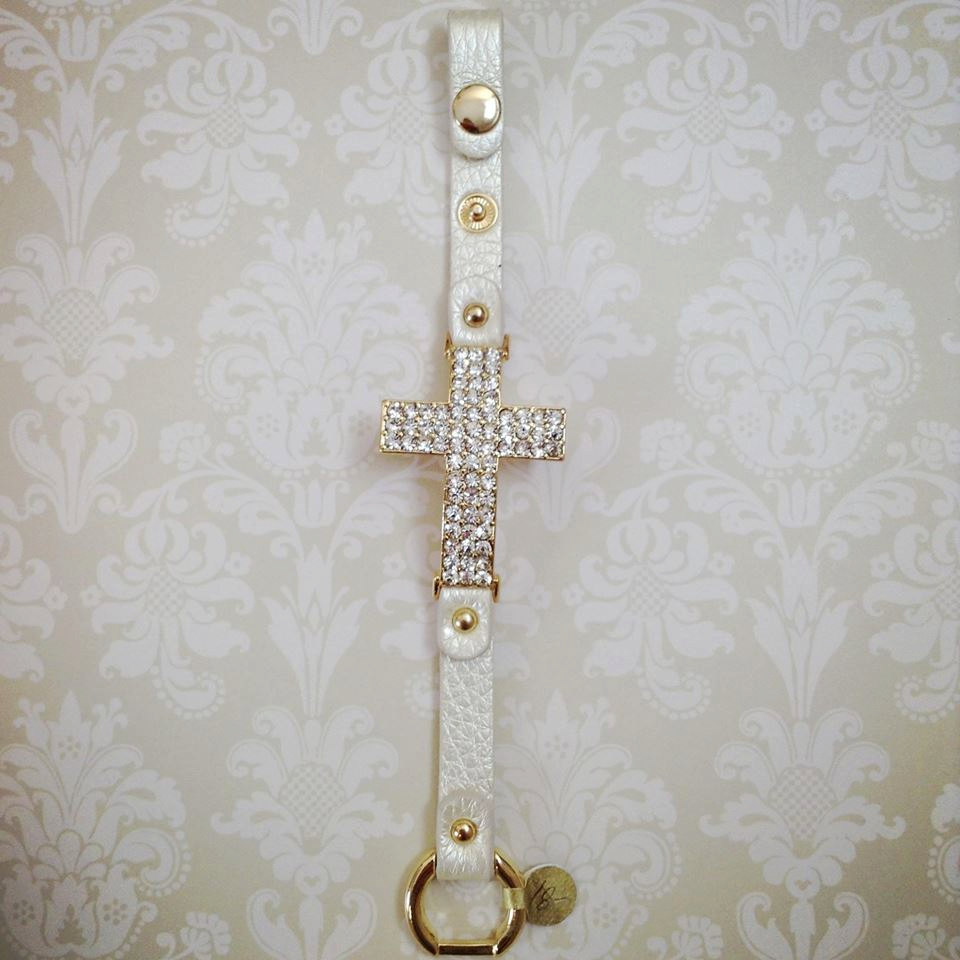 Sideways Cross Bracelet In Gold & Cream Faux Leather